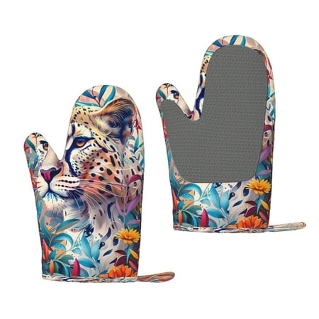 

Lafuoo Vibrant Leopard In Flowers Pattern Silicone Anti-Scalding Gloves Hanging Rope Gloves are Suitable for Kitchen Utensils for Kitchen Baking Cooking Outdoor Barbecue