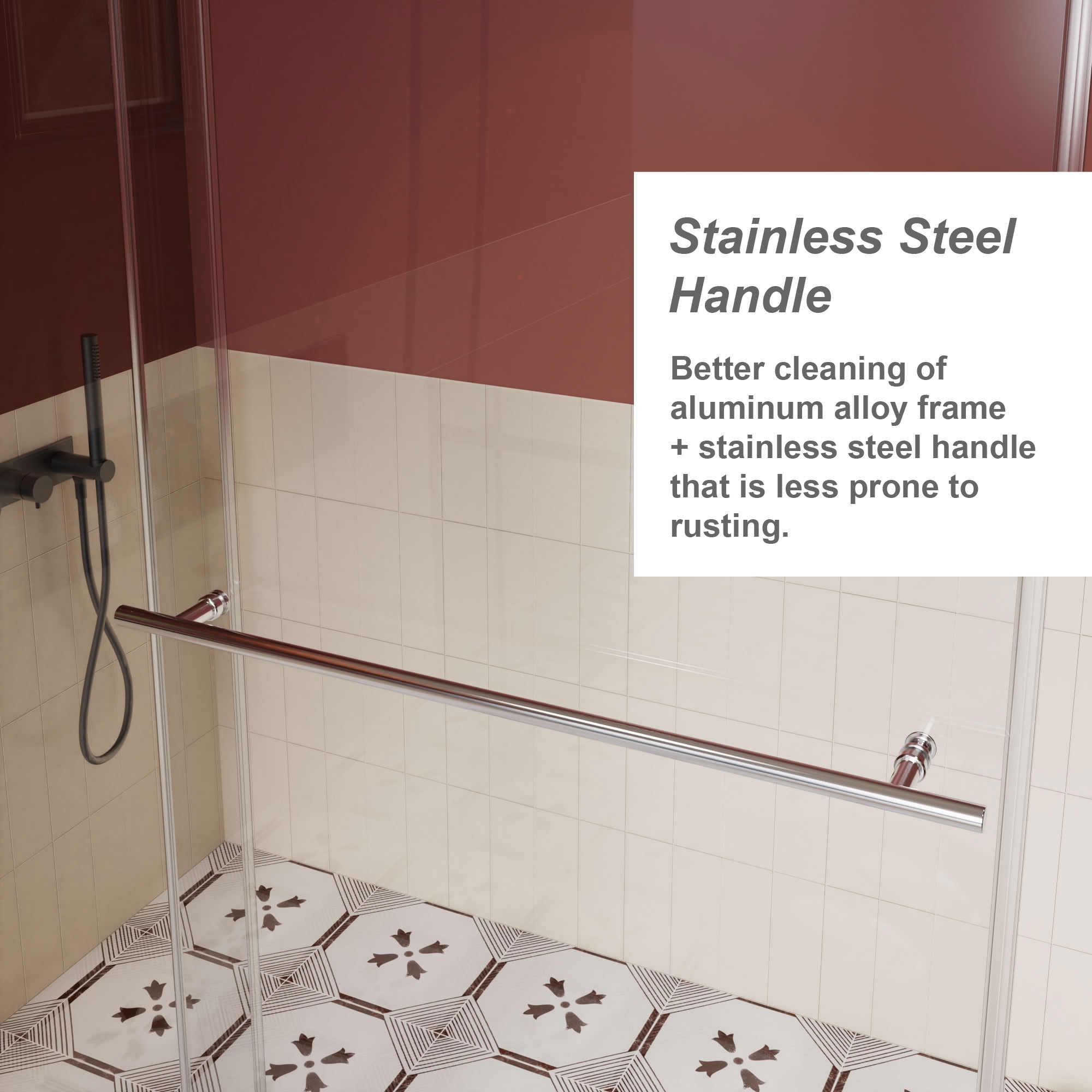 MAYEERTY Dual-Use Shower Sliding Door, Chrome Frame, 1/4" Tempered Glass with Stainless Steel Handle & Supporting Bar, Waterproof & Adjustable Width