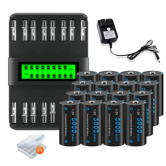 CITYORK 16 C Size High Capacity Low Self Discharge 1.2v Ni-MH Rechargeable Batteries with 16 Slots Intelligent Fast LCD Indicator USB Battery Charger For 1.2V AA AAA C D Size Ni-MH Batteries