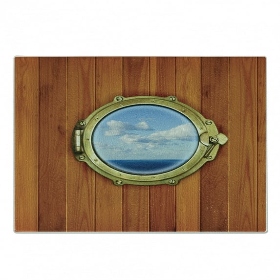 Nautical Cutting Board, Porthole Wooden Background Window Ship Old Sailing Vessel Print, Decorative Tempered Glass Cutting and Serving Board, Small Size, Dark Orange Pale Blue, by Ambesonne