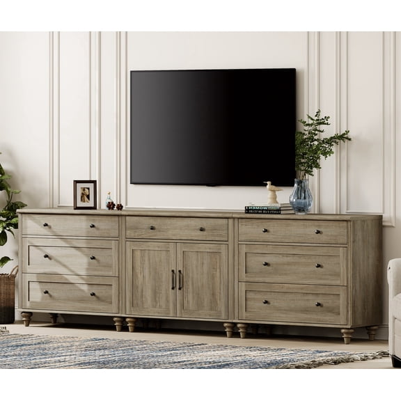 WAMPAT Farmhouse 100 Inch TV Stand & 3-in-1 Console Table, Entertainment Center with 7 Drawers & 2 Doors, Buffet Sideboard Storage Cabinet, Wash Grey