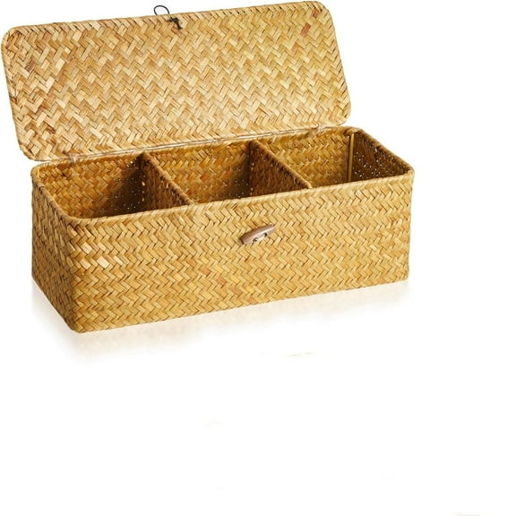 1 Pieces Seagrass Baskets with Lid Toilet Paper Basket with Lid Rectangular Hand Woven Wicker Bin Storage Box for Toilet Dresser Shelves Organizing(12.6 x 4.7 x 4.3 Inches,Light Orange)