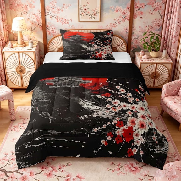 Manfei Stylized Temple Twin Comforter Sets for Girls Women, Red Moon Blossom Bedding Set, Black Red White, Black Reversible 2 Pieces, 1 Comforter and 1 Pillowcase
