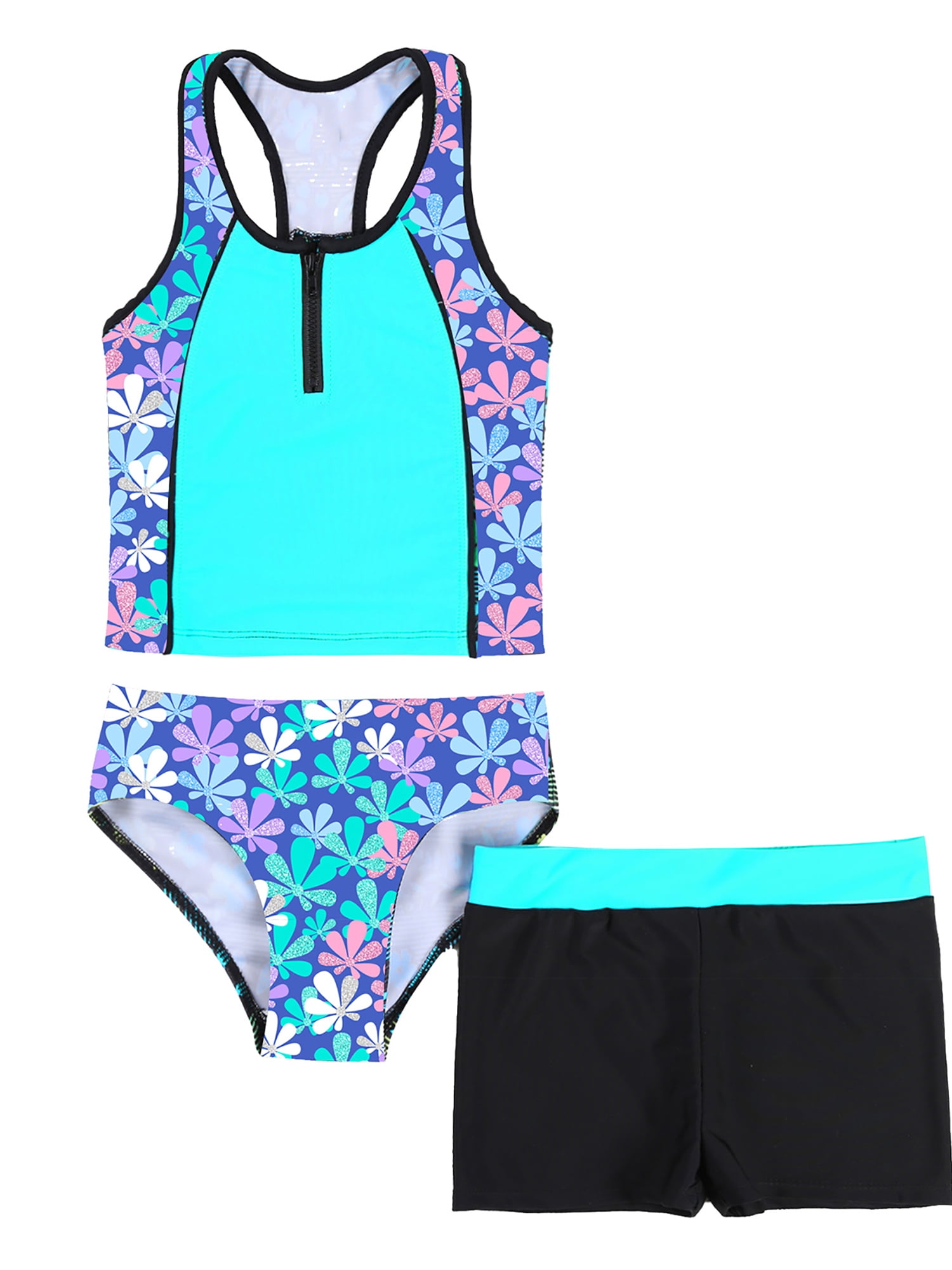 iiniim Girls Floral Rush Guard Short Sleeve Tankini Bikini Set Boyshorts Boxer Shorts Swimsuit Swimwear