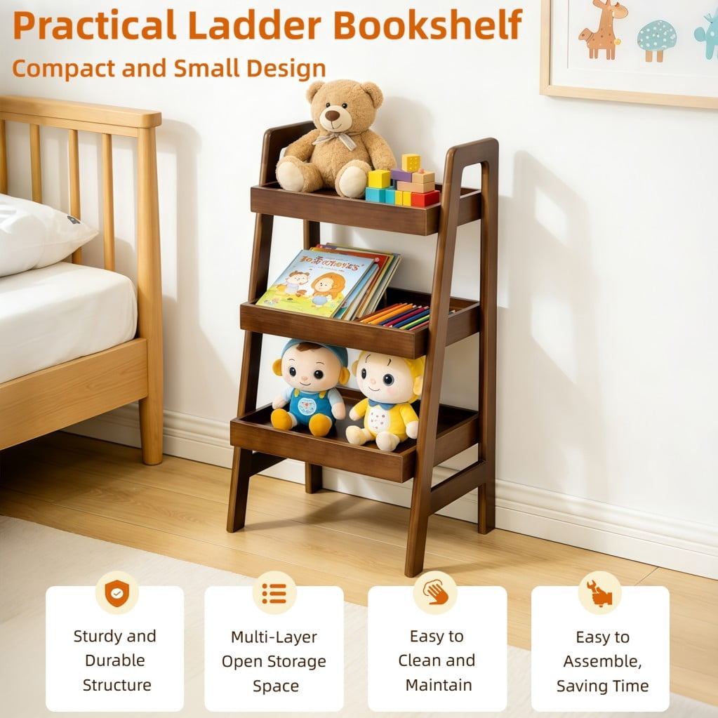 3-Tier Solid Wood Ladder Shelf, 100% Wood Bookshelf with Open Storage & Protective Edges, Freestanding Space-Saving Display Rack, Walnut