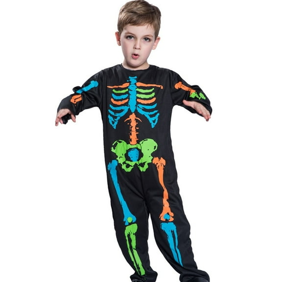 Generic Boy Children's Cute Colorful Full Bone Skeleton Jumpsuit Halloween Party Scary for Holiday Christmas Halloween Party（4-6 Years Black）