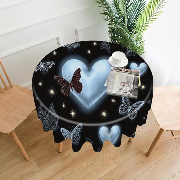 RKSupls 60 Inch Round Tablecloth, Hearts Butterflies Black Premium Polyester Straight Edge Wrinkle Resistant Washable Table Cover for Party Home Dining Decor