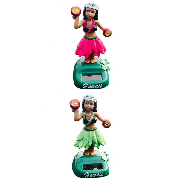 2 piezas de muñeco cabezón con luz solar para decoración del salpicadero del hogar de Hawaii Girl rosa verde