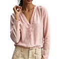 thumbnail image 3 of Women Solid Color V Neck Cotton Linen Blouse,Roll Up Long Sleeve Loose Bohemian Casual Shirt,Lightweight Breathable Basic Top for Daily Leisure,Travel Spring Summer 2026 Outfits Pink L, 3 of 6