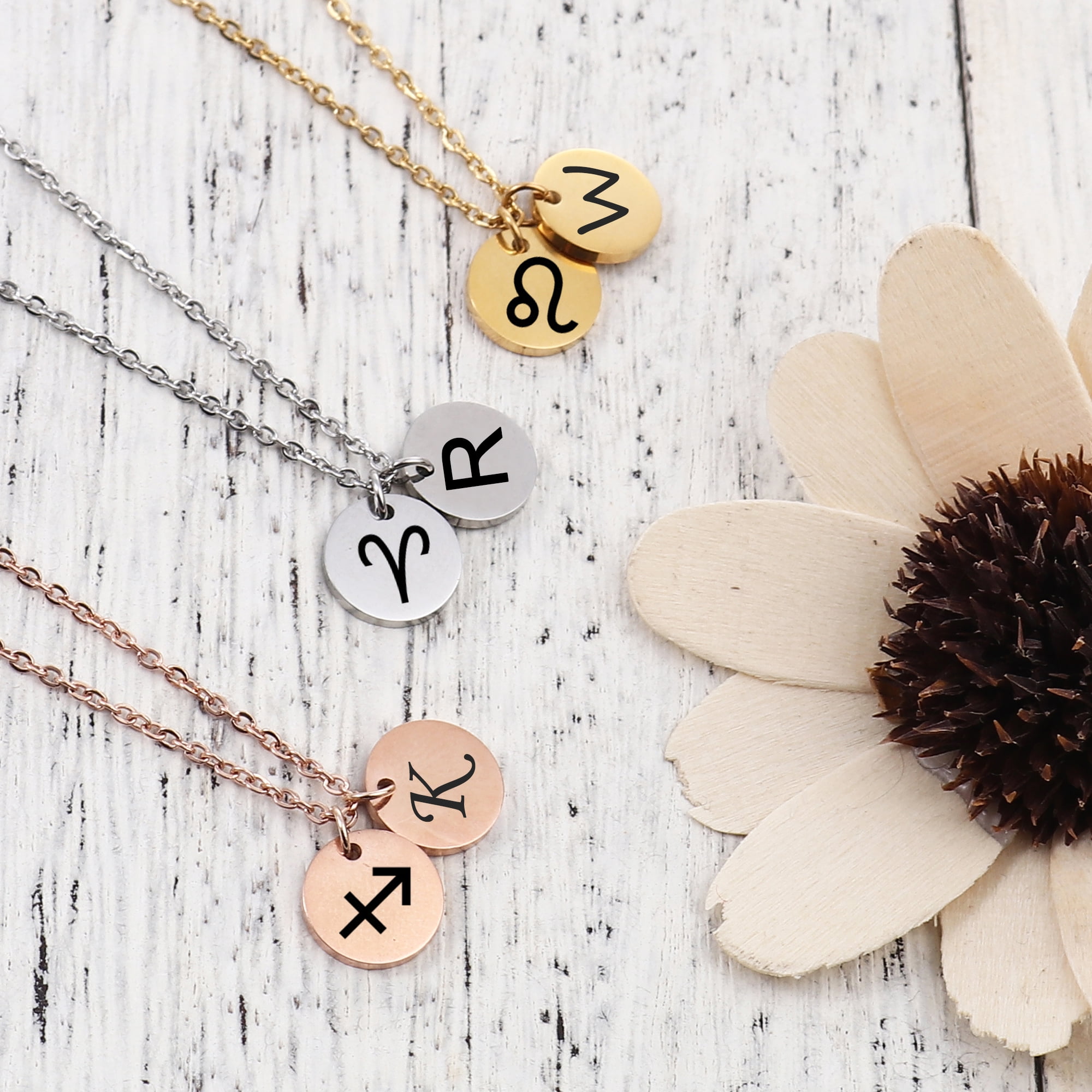 Personalized Round Constellation Initial Necklace - Engraved Zodiac Symbol Jewelry - Christmas Gift for Her - Stainless Steel - 18" Chain - Gold Aries