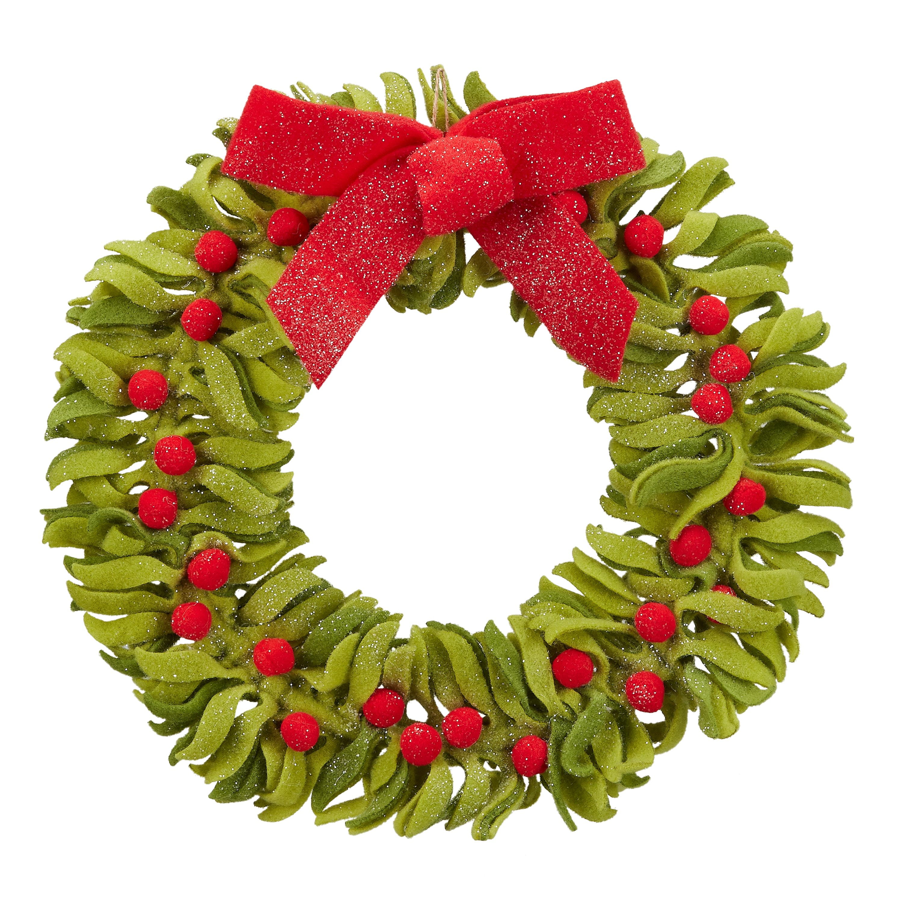 Holiday Time Red and Green Felt Glitter Wreath Christmas Decoration, 16