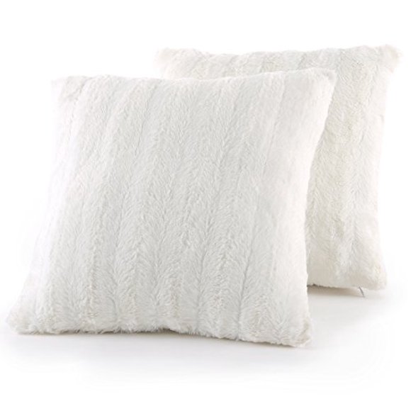 Cheer Collection Faux Fur Throw Pillows - Set of 2 Decorative Couch Pillows - 18" x 18" - White