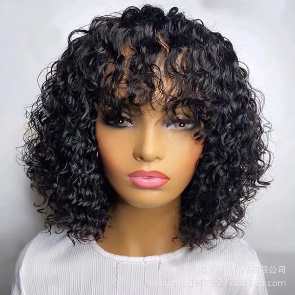 Women's short curly hair, fluffy short curly hair with bangs and small curls