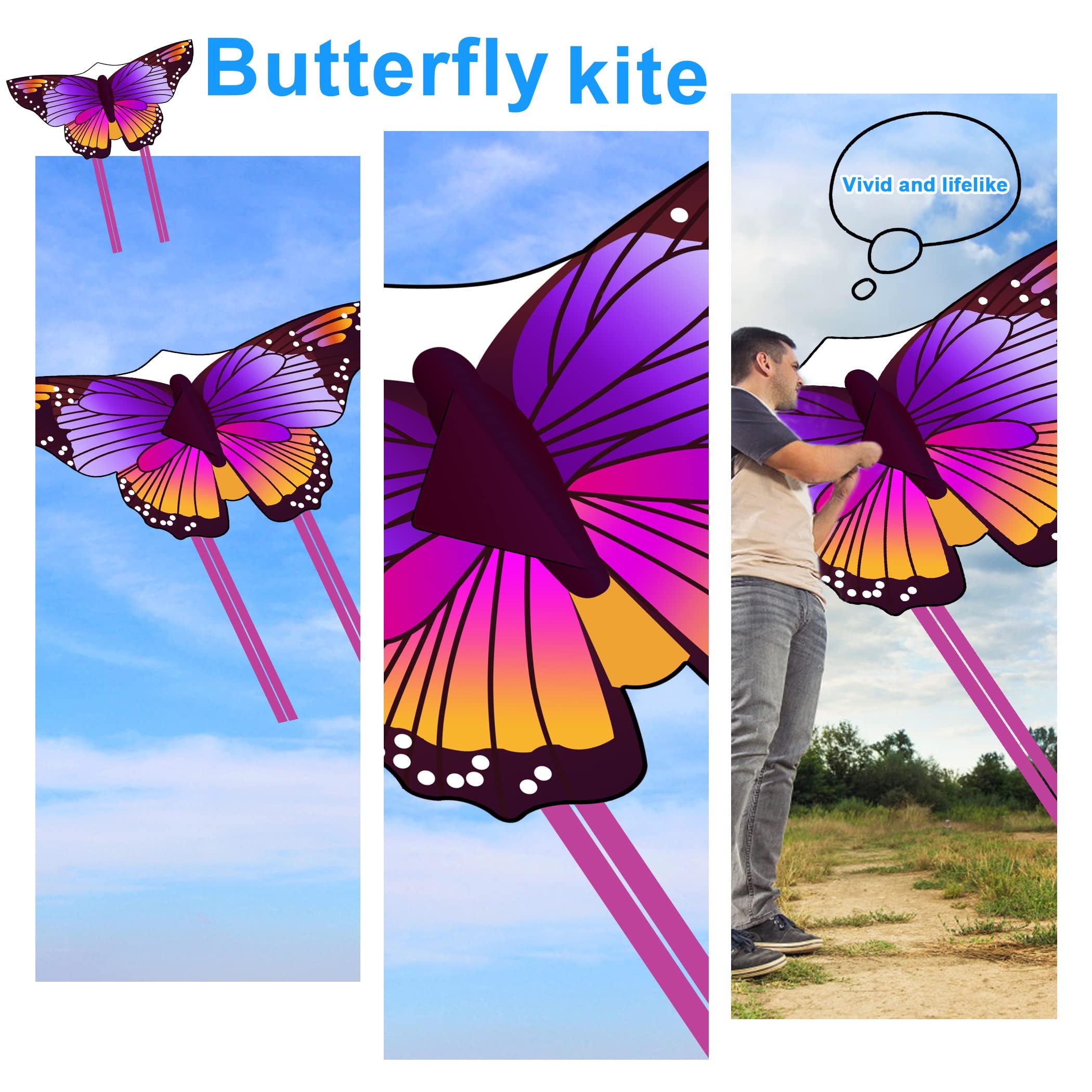 Crogift 3-Pack Large Kite Set Butterfly, Delta, and Dragonfly Easy to Fly Polyester Kites for Kids Ages 4-8 8-12 and Adults