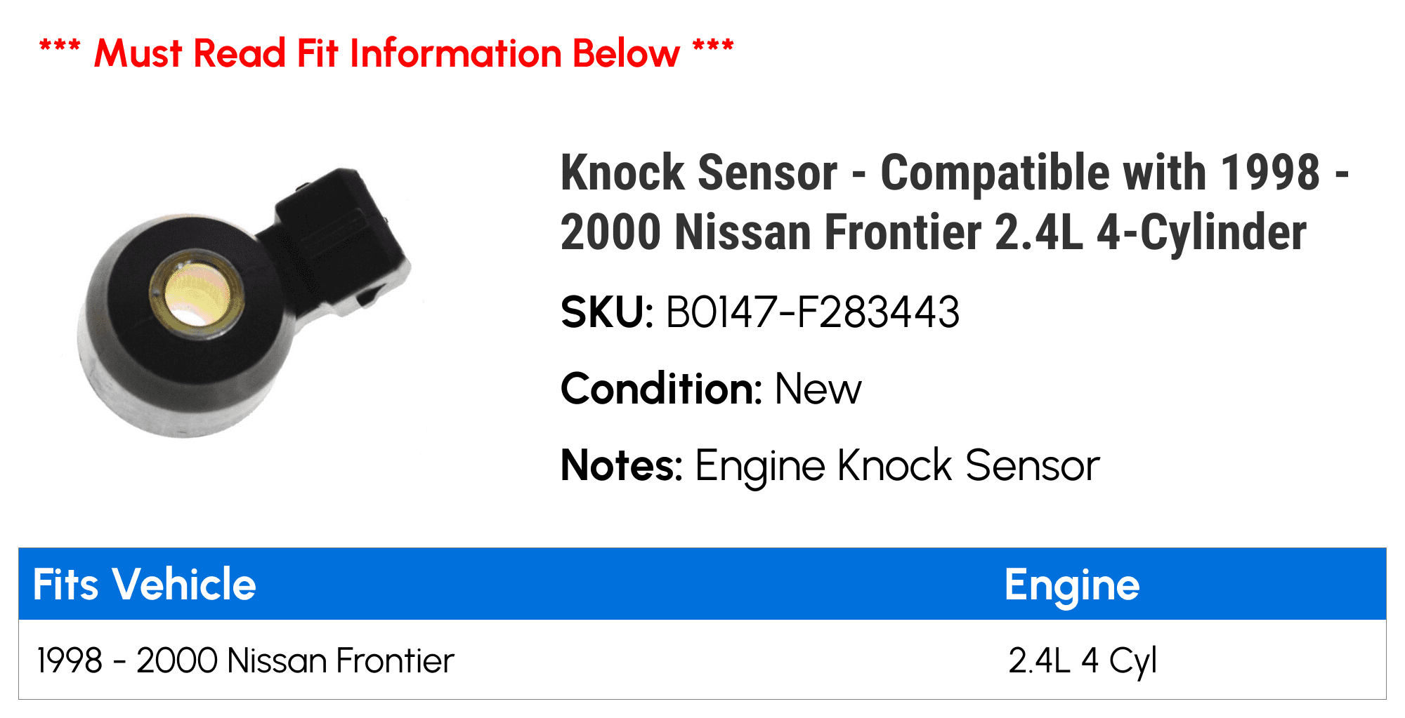 Knock Sensor - Compatible with 1998 - 2000 Nissan Frontier 2.4L 4-Cylinder 1999