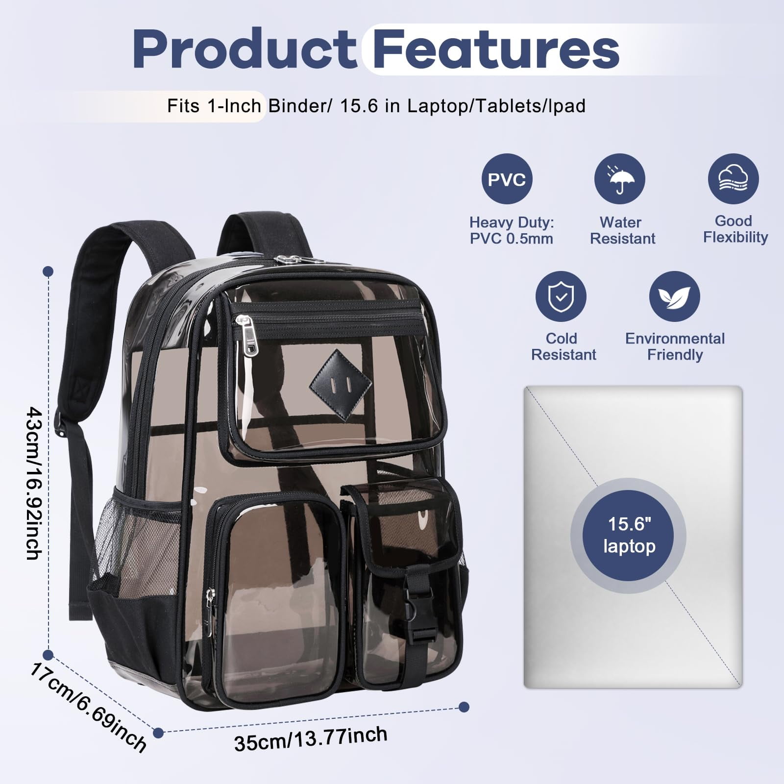 Sanmadrola Large Clear Backpack Heavy Duty Stadium Approved See Through Backpack Waterproof PVC Transparent Backpacks Clear Book Bag with Reinforced Strap for School Work Travel, Black PVC