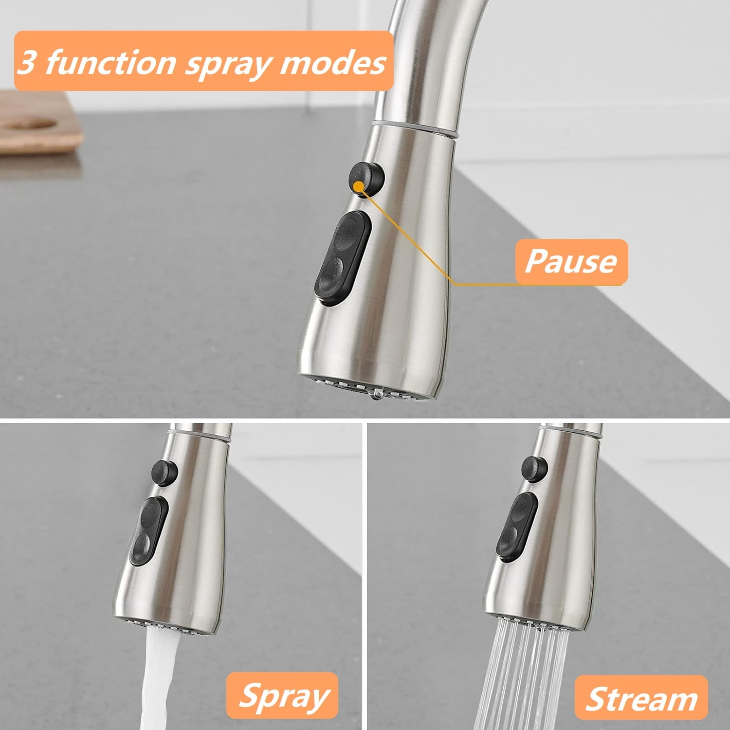 Kitchen Sink Faucet Brushed Nickel with Pause Button, High Arc Single Handle Kitchen Sink Faucets with Pull Down Sprayer Mix Hot and Cold Water with Deck Plate, Suit to 1 or 3 Holes