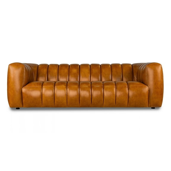 Milano Full-Grain Leather Channel Tufted Luxury Sofa in Cognac Tan
