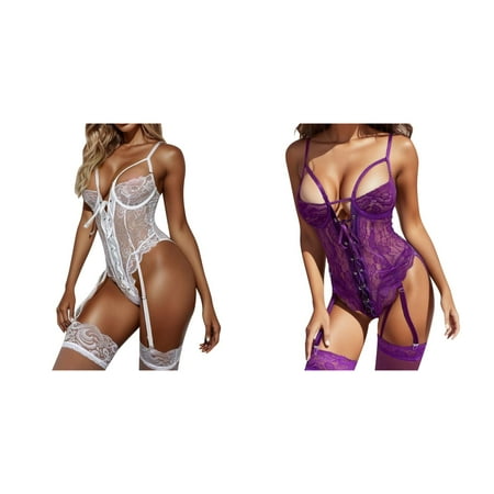 (2-Pack) Kcodviy Women Lace Up for Women Set Front Floral Lace Garter Women Plus Size with Zipper Teddy Bodysuit s Red Women Christmas Dress Lace