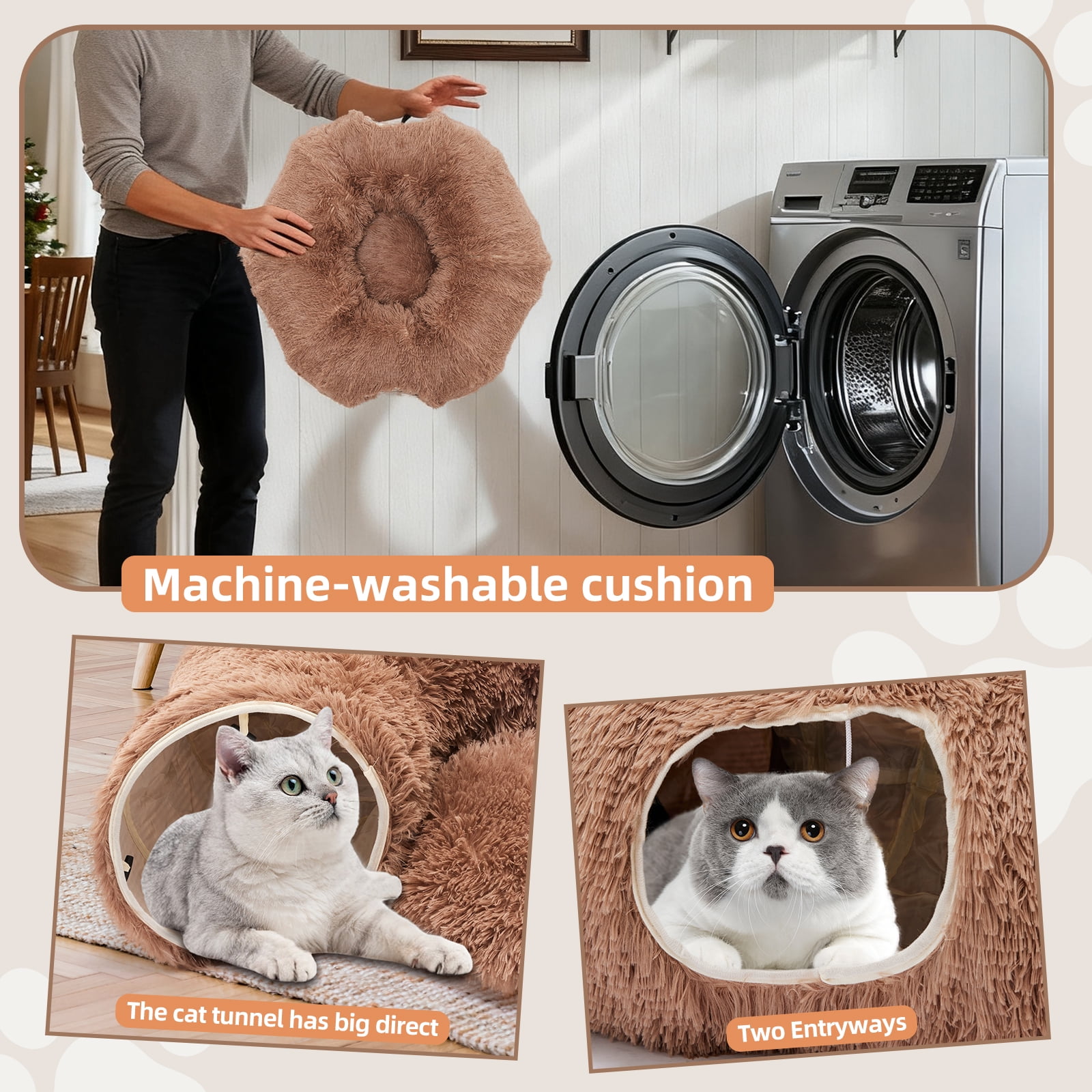 LIFERECORD Cat Tunnel with Cat Bed for Indoor Cats, Under Christmas Tree Soft Plush Peekaboo Cat Cave Donut Tunnel, Multifunctional Playground Toys Hideplace for Kittens, Rabbit - Brown
