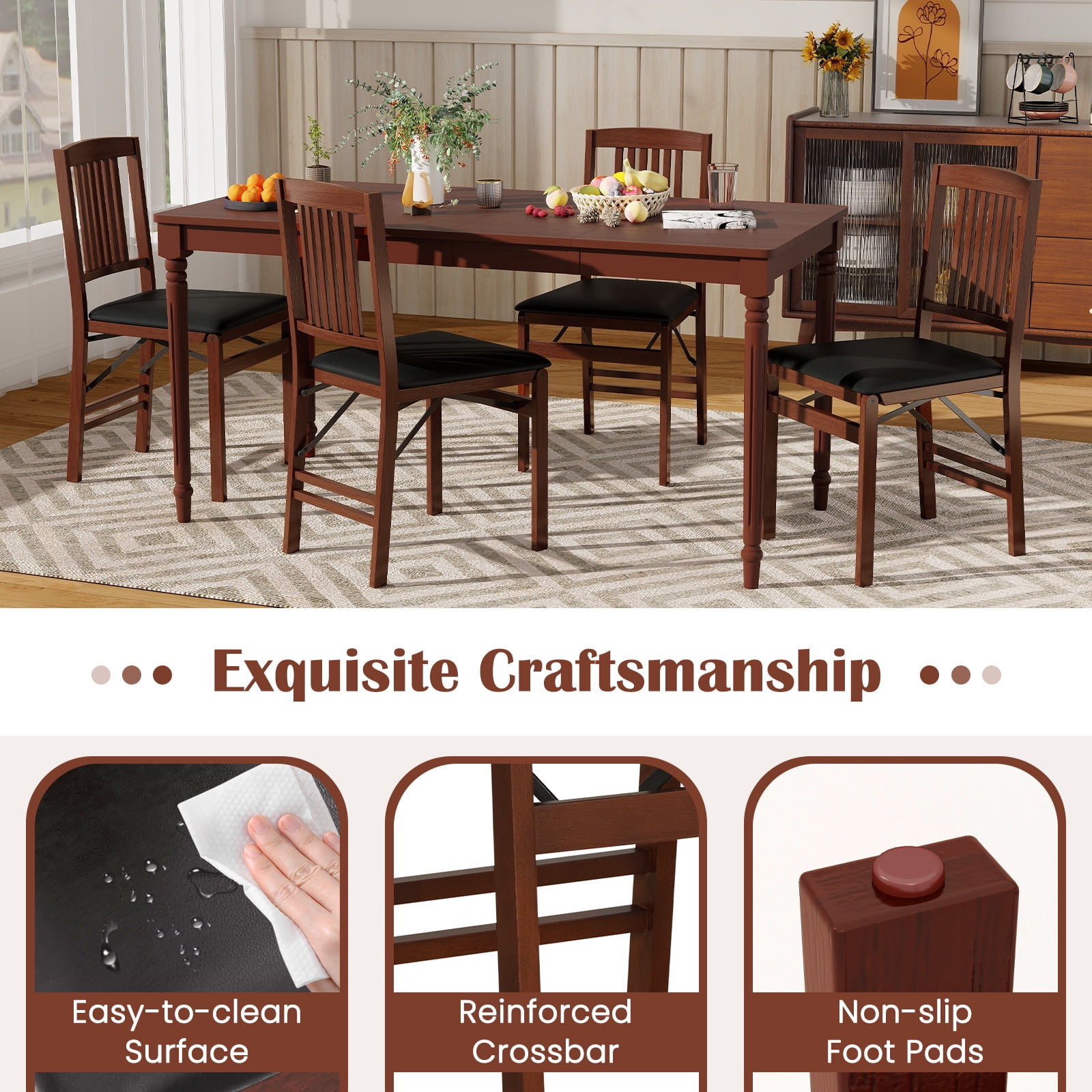Gymax Folding Dining Chairs Set of 2 w/Padded Seat Rubber Wood Frame for Dining Room