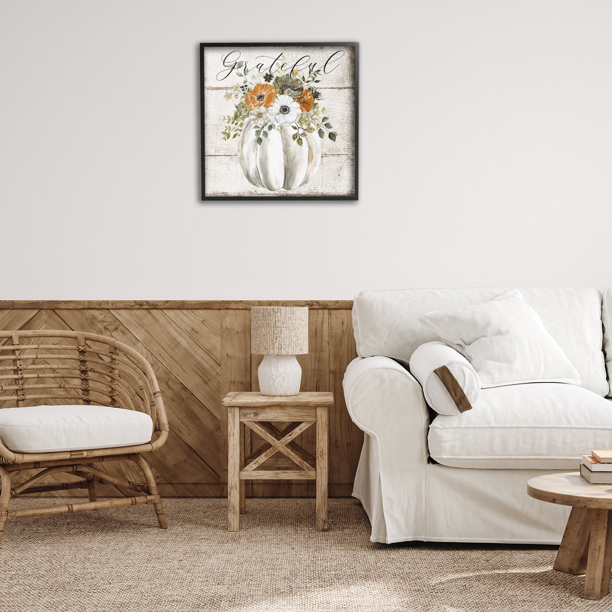 Stupell Industries Grateful Floral Pumpkin Holiday Painting Black Framed Art Prints Wall Art, 24 x 24