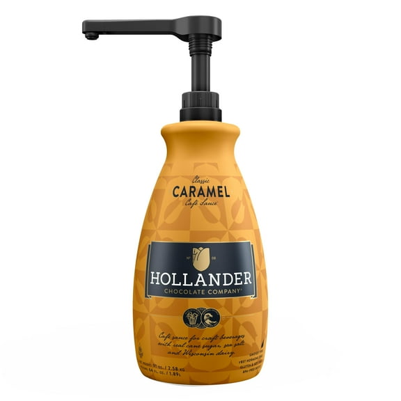 Classic Caramel Cafe Sauce by Hollander Chocolate Co. | For Caramel Lattes & Deserts | Perfect for the Professional or Home Barista - Net Wt. 91oz (64 fl Oz) Large Bottle (PUMP Included)