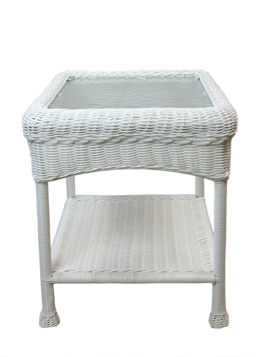 22" White Resin Wicker Outdoor Patio Side Table with Glass Top and