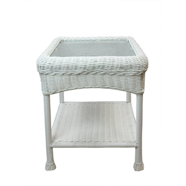 22 White Resin Wicker Outdoor Patio Side Table With Glass Top And Storage Shelf Walmart Com Walmart Com