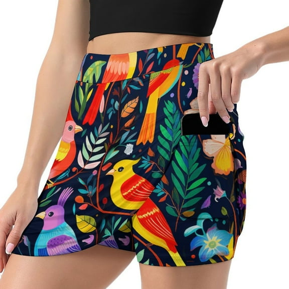 Watercolor Bird Tennis Skirt, Short Skirt, Mini Summer Fitness Running Shorts with Pockets