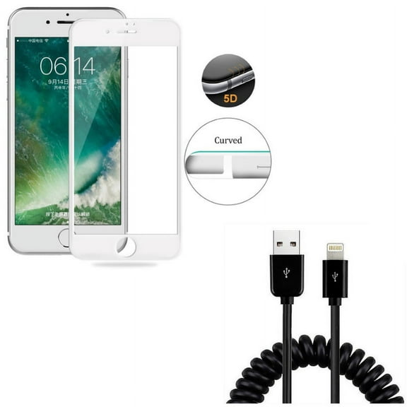 iPhone 8/7/6S/6 - Tempered Glass Screen Protector w Coiled USB Cable - 5D Touch Curved Edge Full Cover Bubble Free Case Friendly, Charger Cord Power Sync Wire for iPhone 8/7/6S/6