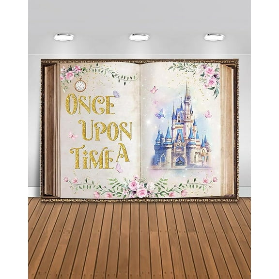 Fairy Tale Book Backdrop Colorful Castle Story Book for Princess Birthday Party Decorations Once Upon a Time Backdrops Floral Butterfly Background (Pink and Gold, 7x5ft(82"x60"))