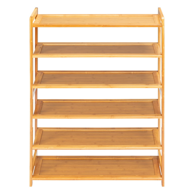 Bonzy Home Shoe Rack Storage Organizer for Entryway, 6-Tier Bamboo Solid  Wood Shoe Shelf with Storage Shelf and Removable Hooks, Free Standing  Storage