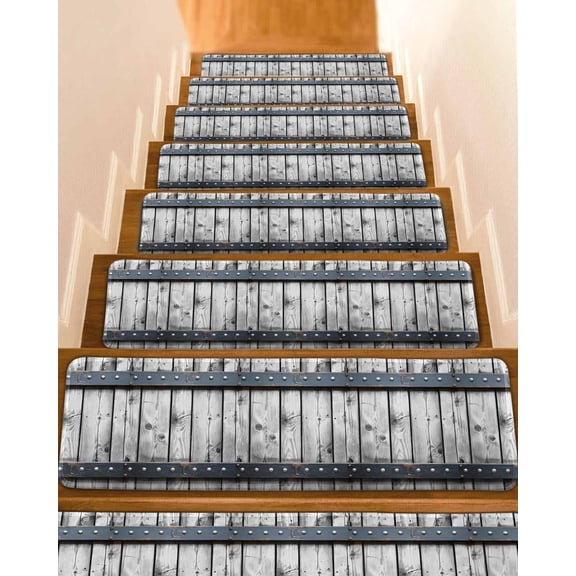 Stair Treads for Wooden Steps,Grey Wood Grain Peel and Stick Stair Treads with Adhesive,Country Vintage Barn Door Rustic Lodge Non Slip Indoor Stairs Runner Rugs Mats for Elders Dogs 8"x30" 7PCS