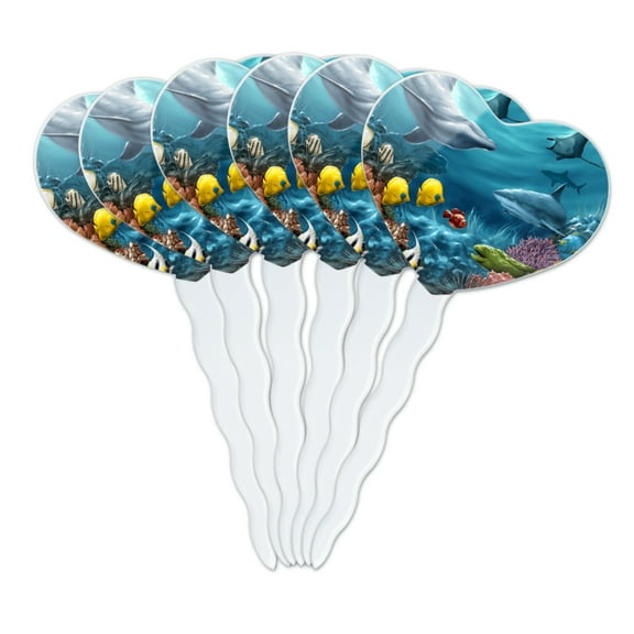 Coral Reef Ocean Scene Dolphin Turtle Shark Stingray Fish Heart Love Cupcake Picks Toppers Decoration Set of 6
