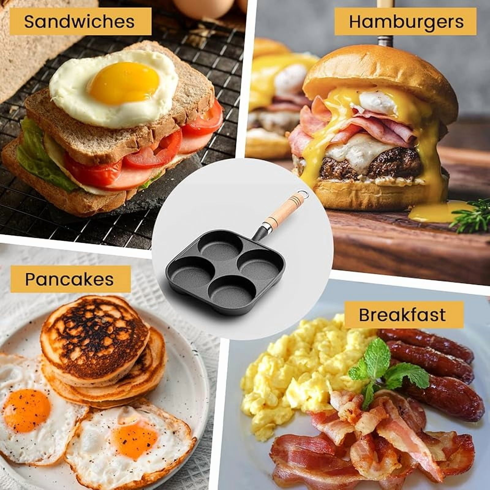 4 Cup Cast Iron Egg Frying Pan,Household Cast Iron Fried Egg Pan with Wooden Handle,Egg Burger Omelette Pot Pancake Pot Cooker Griddle,Breakfast Non-Stick Skillet for Egg,Kitchen Cooking Tool (Black)