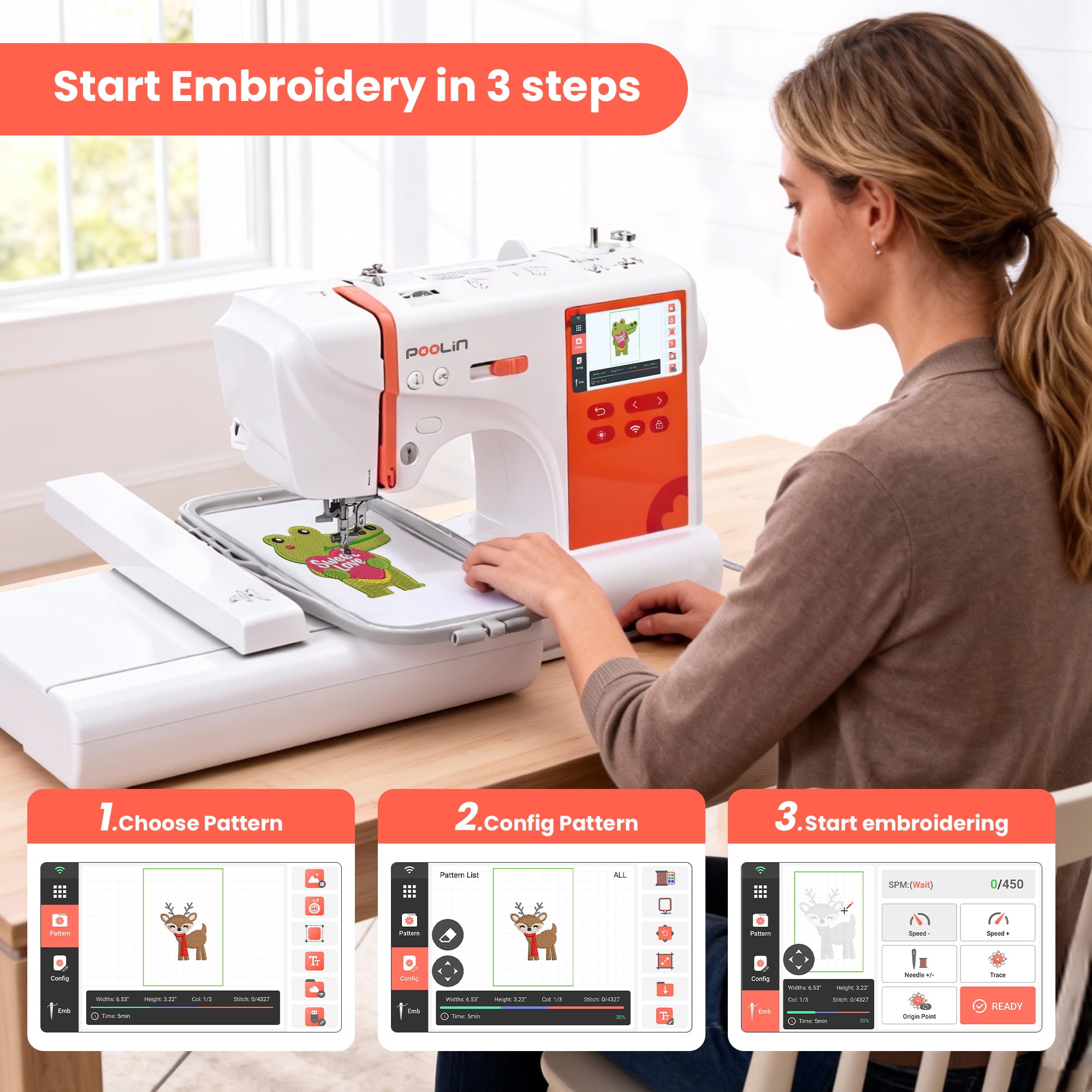 Poolin EOC03RE Embroidery Machine 4x9.25" Large Area, 4.3" Touch Screen, Wifi Connectivity with embroidery Kit
