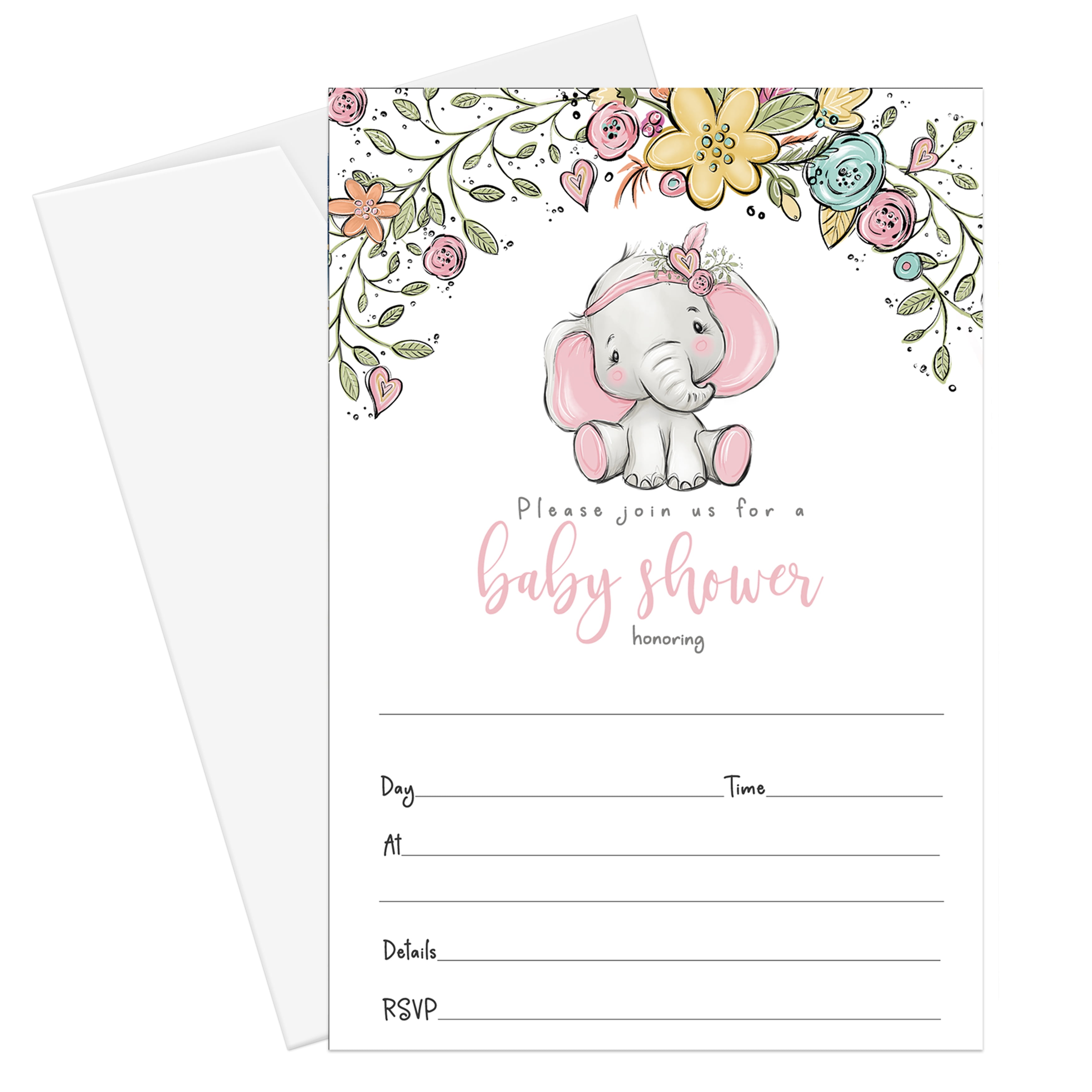 Cottage Elephant Baby Shower Invitations with Envelopes Pack of 25 Blank Invites Girls Floral and Greenery Pink Event Theme Printed Card Set Paper Clever Party