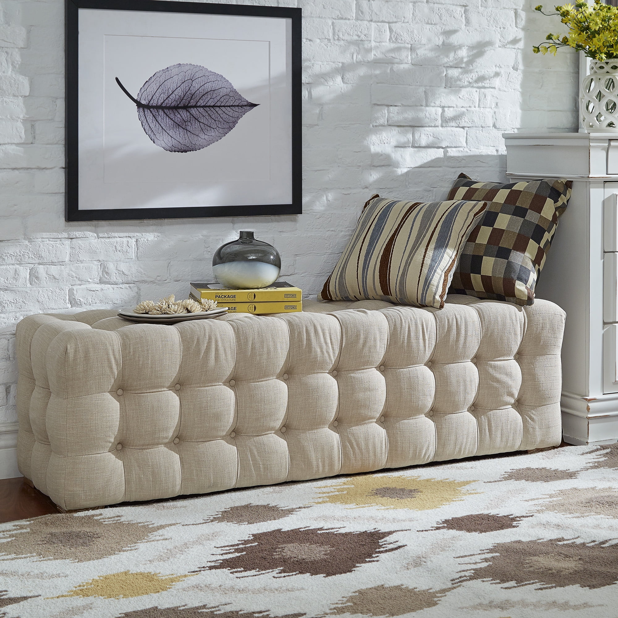 Weston Home Bowman Rectangular Tufted Linen Ottoman, Beige Linen
