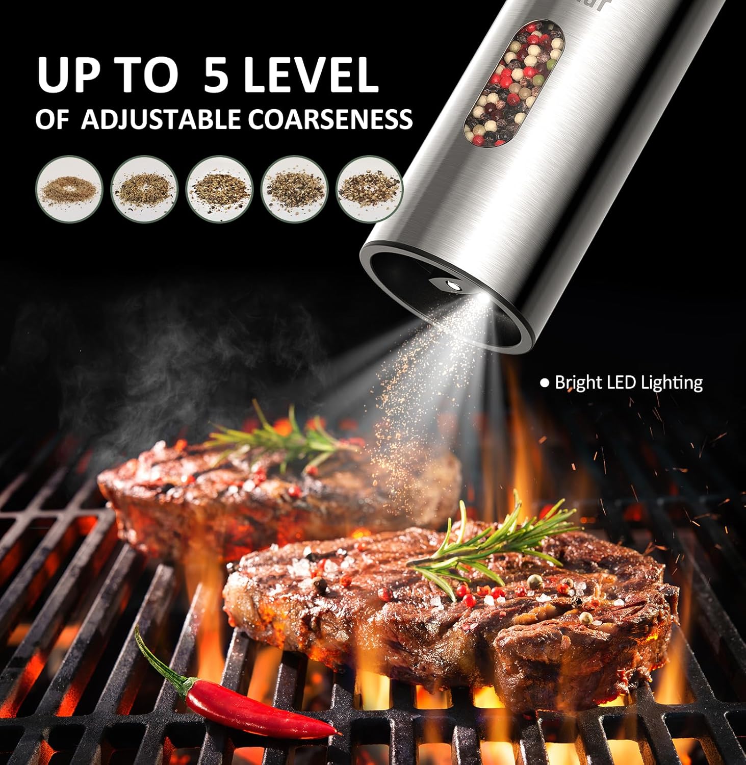 Salt and Pepper Grinder Set Stainless Steel with USB C Dual Charging Base