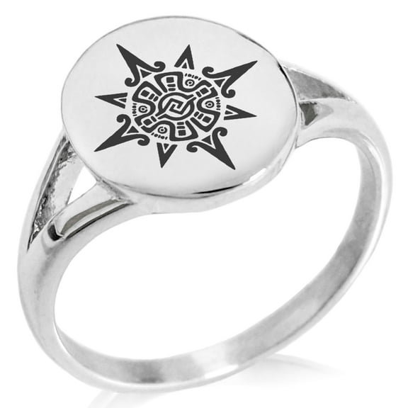 Stainless Steel Mayan Sun God Rune Minimalist Oval Top Polished Statement Signet Ring