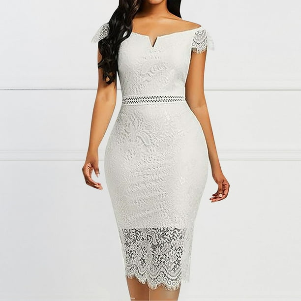 Puntoco Vestido De Manga Corta Con Cuello En V, Vestido De Mujer De Color Sólido Con Un Hombro, Manga Corta, Cuello En V, Encaje, Hueco En La Cadera, Vestido Blanco Xl