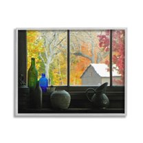 Stupell Industries Fall Foliage in Window Landscape Photography Gray Framed Art Print Wall Art, 30 x 24