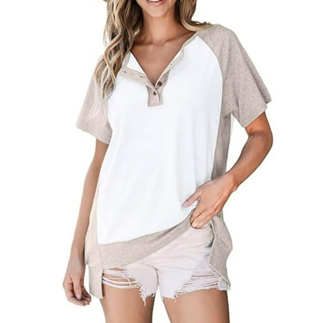 Dvkptbk Womens V Neck Basic Tops Color Block Button Tunic T Shirts Summer Short Sleeve Casual Tees Shirts