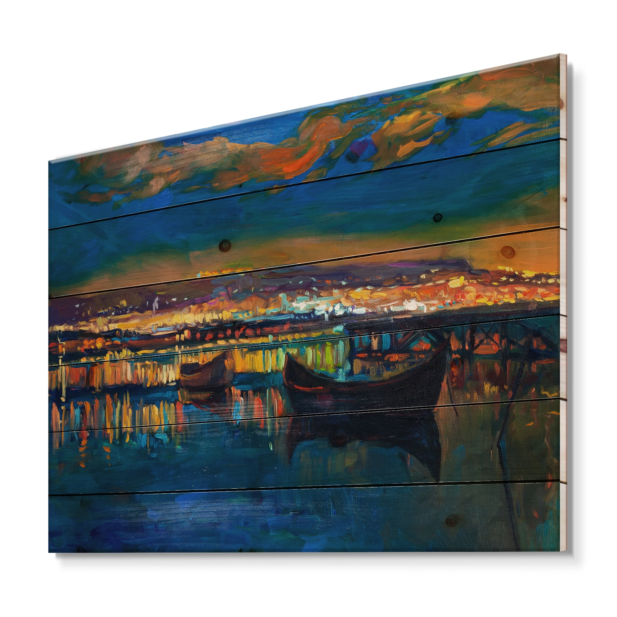 Designart 'Two Little Boats In The VIllage Harbor Ar Night' Nautical & Coastal Print on Natural Pine Wood