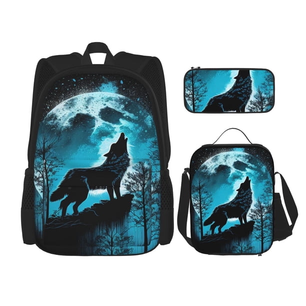 Balery Blue Full Moon Wolf Mochila escolar 3 en 1 para niños: mochila resistente con lonchera térmica y estuche para lápices. Mochila escolar para niños y niñas.