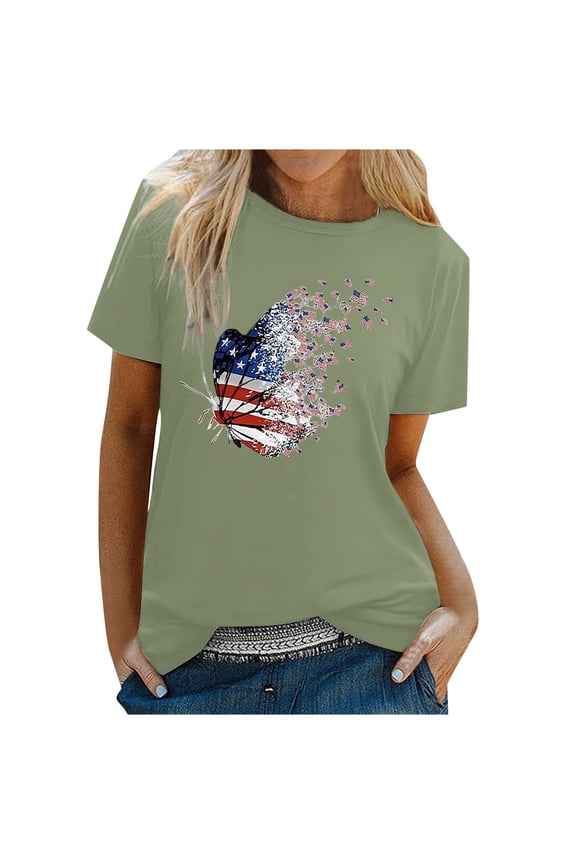 Women's Flag Printed Fun Casual Round Neck Short Sleeved T Shirt Top 4 Ladies Summer Tops