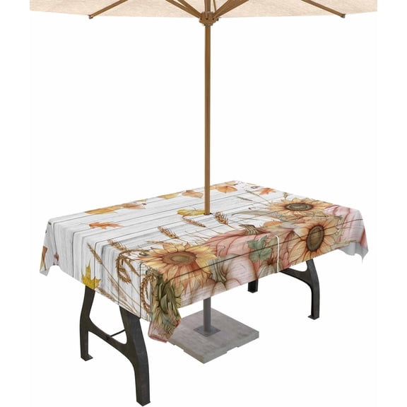 Orange Fall Outdoor Tablecloth with Umbrella Hole & Zipper, Thanksgiving Pumpkins Sunflowers Vintage Rectangle Tablecloth 60x120 Inch, Patio Table Cover Waterproof Table Cloth for Picnic/Party