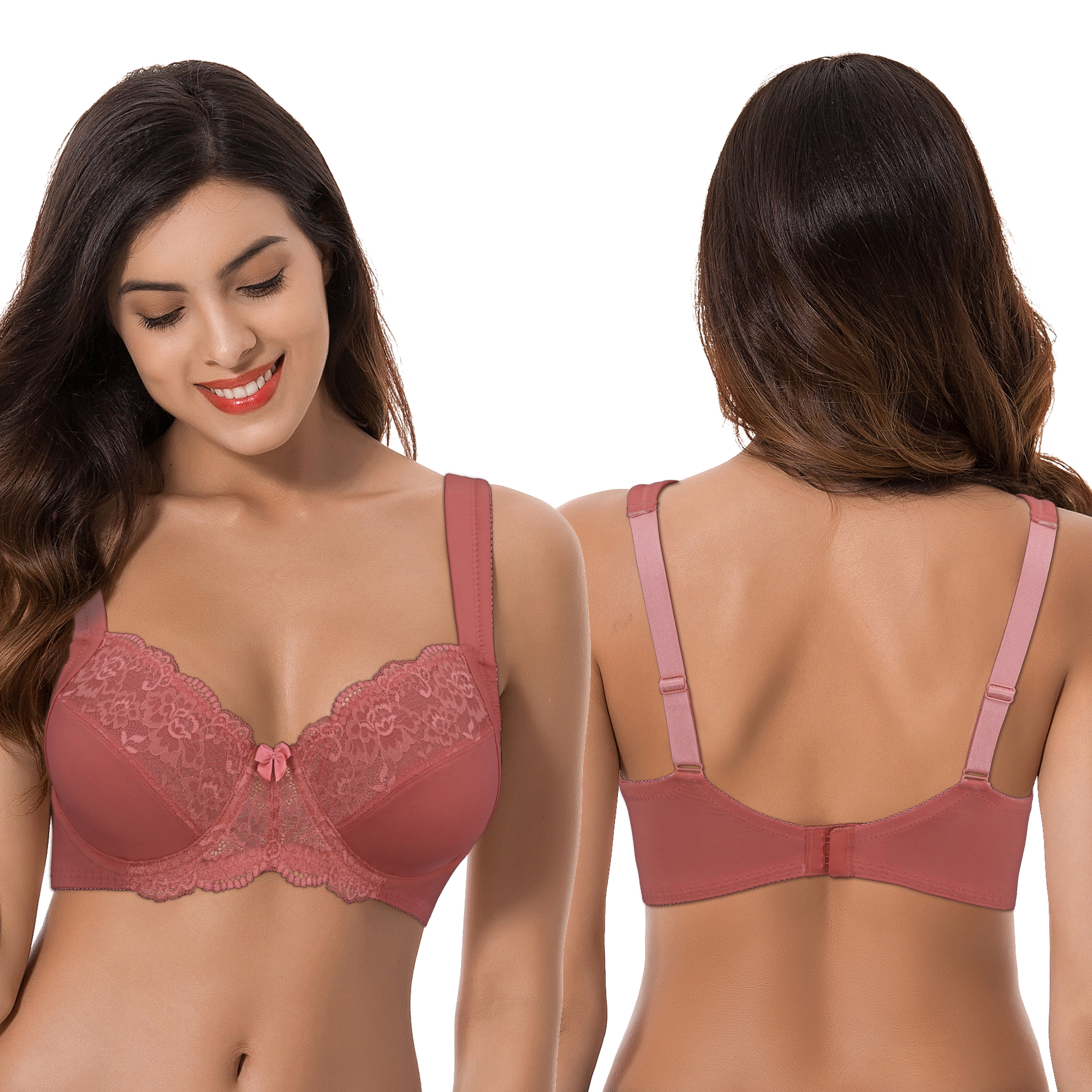 Curve Muse Women's Plus Size Unlined Underwire Lace Bra with Cushion Straps-Rose,Black- Size:42D