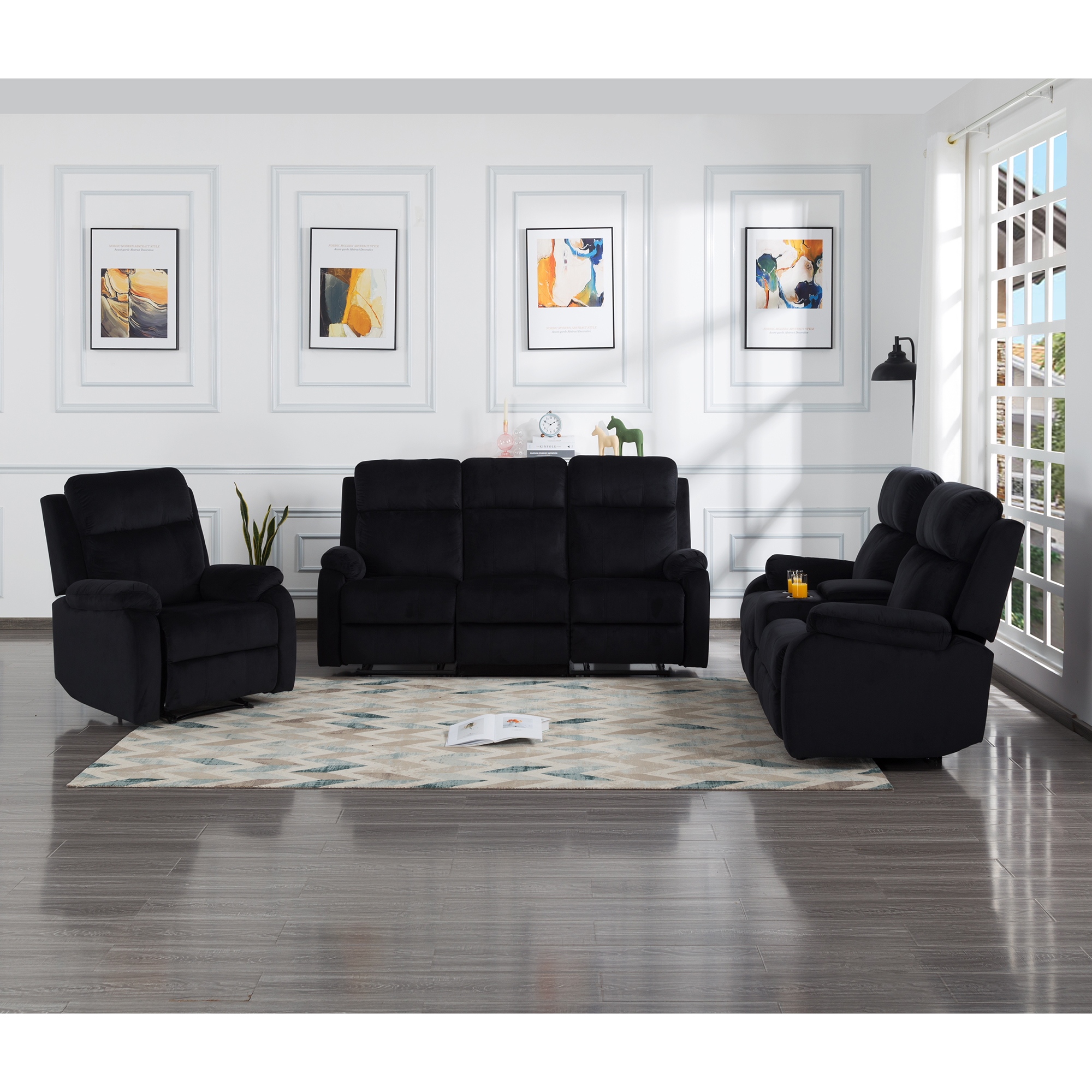 Kadyn 3-Seater Manual Recliner Living Room Set, Sectional Recliner Sofa Set for Living Room, Velvet Recliner Chair Sofa Set, Black